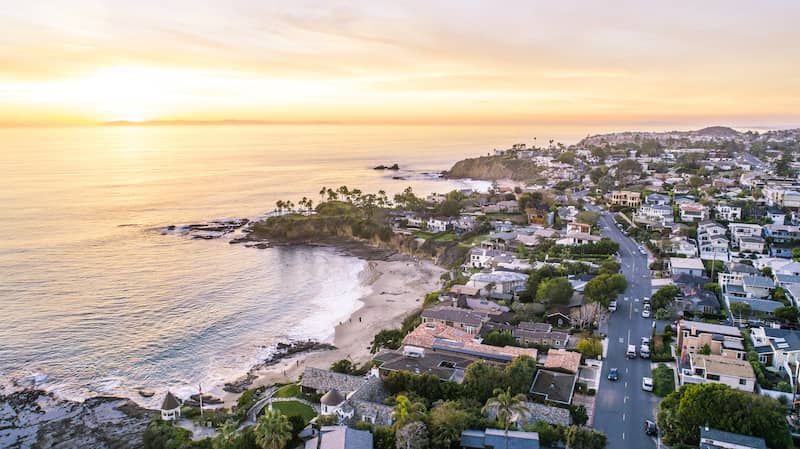 Aerial sunset view of Laguna Beach in Orange County, California.