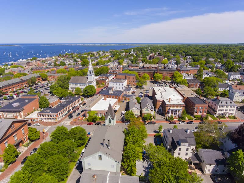 Aerial view of Newburyport Massachusetts with river in the background.