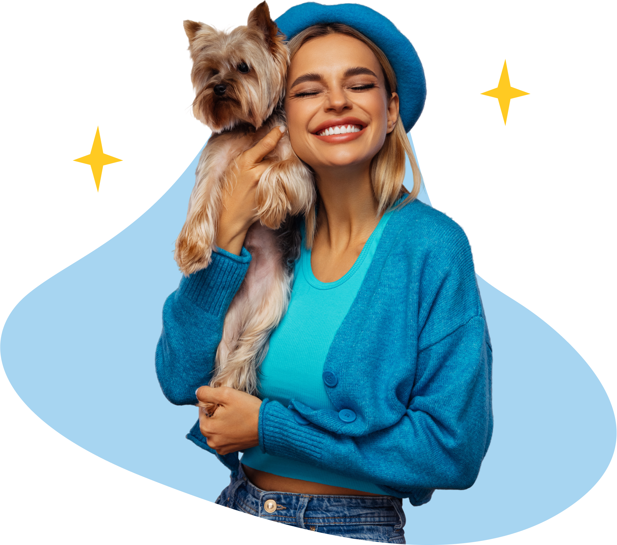 woman holding her dog in her home