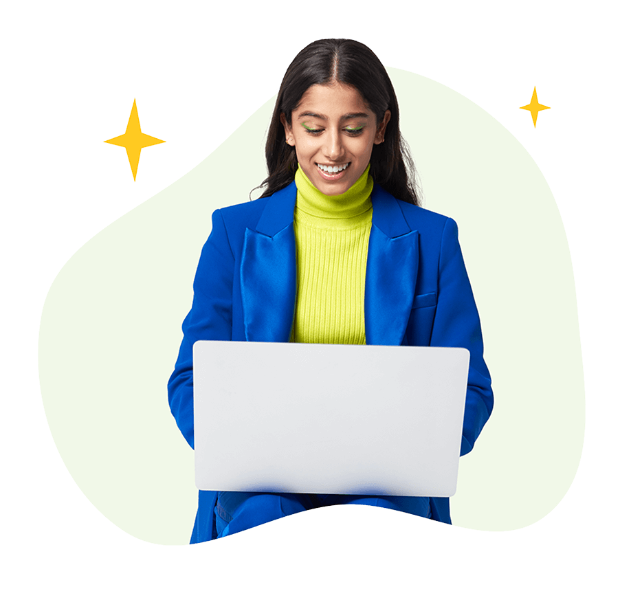 Woman dressed in a bright yellow-green turtleneck and royal blue blazer with a silver laptop on her lap, surrounded by illustrated sparkles.