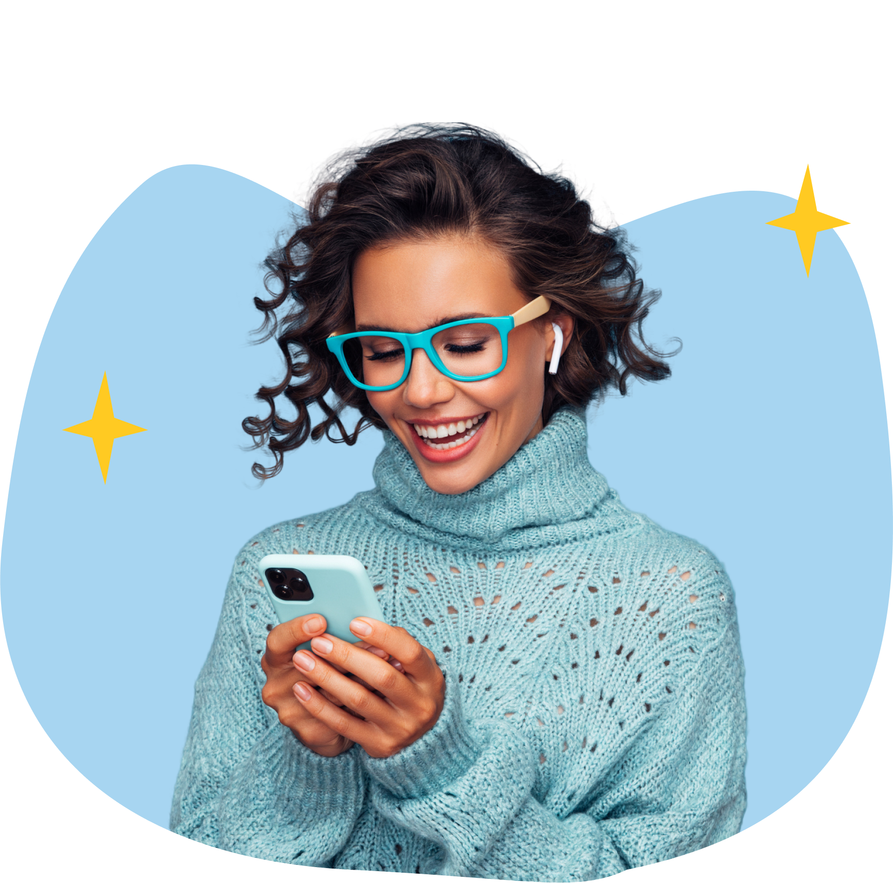 A smiling woman is checking her phone