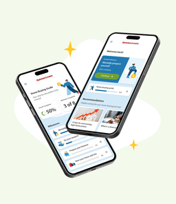 Two smartphones, surrounded by illustrated yellow sparkles, display the Quicken Loans account experience.