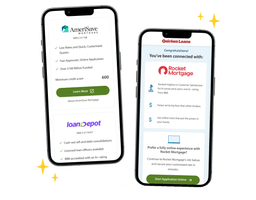 Two smartphones, surrounded by illustrated yellow sparkles, display the Quicken Loans experience.