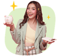Smiling woman with a colorful outfit and hair clips holding a piggy bank and a calculator, surrounded by a couple of illustrated sparkles.