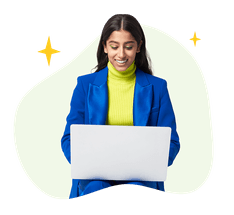 Woman dressed in a bright yellow-green turtleneck and royal blue blazer with a silver laptop on her lap, surrounded by illustrated sparkles.