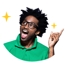 A man in glasses and a bright green polo shirt, surrounded by illustrated yellow sparkles, is delighted by the idea of a quicker path to financial freedom.