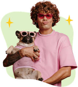 man holding his dog wearing sunglasses