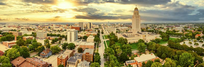 Aerial view panorama of Lincoln in Nebraska.