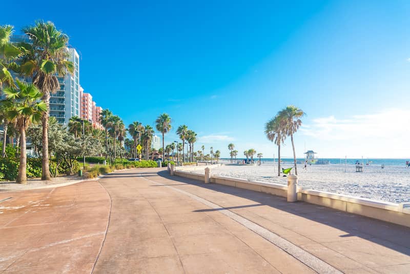 A street lined with palm trees in Clearwater Beach in Florida.
