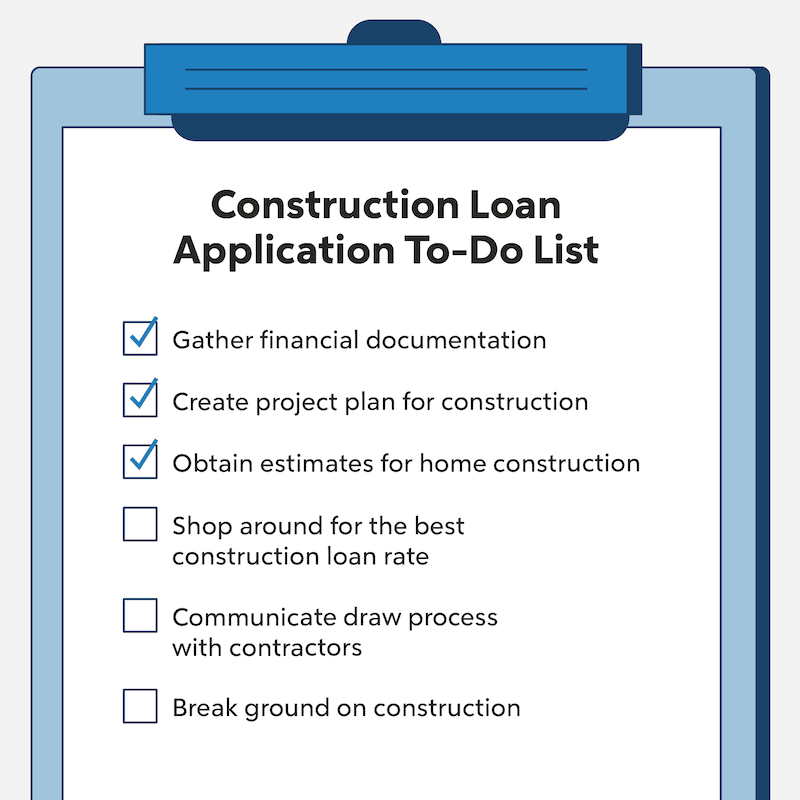 To get a construction loan, you should gather financial documents, create a project plan for the construction, obtain cost estimates, shop around for the best loan rate, communicate the draw process with your contractors and then you can break ground on construction.