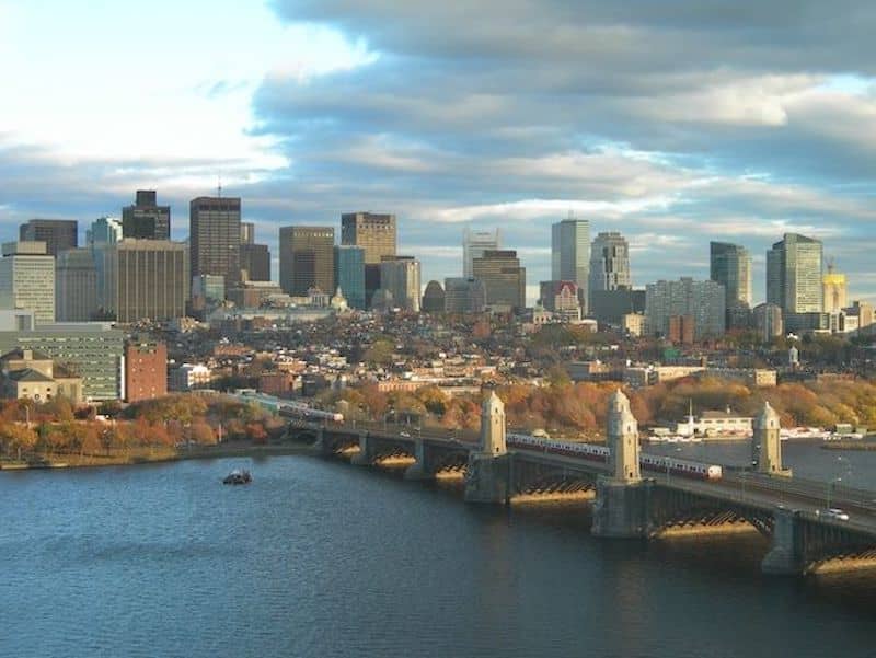 Distant view of bridge leading into Boston.