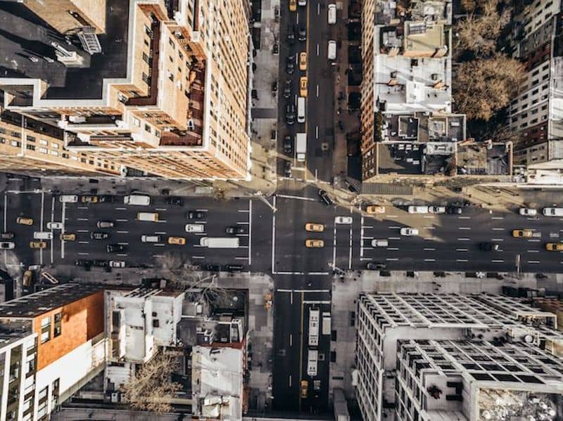 Aerial view of intersection in Manhattan.
