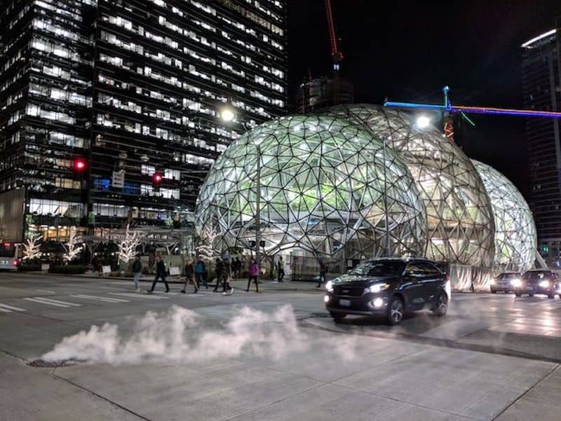 The Amazon spheres seen at night.