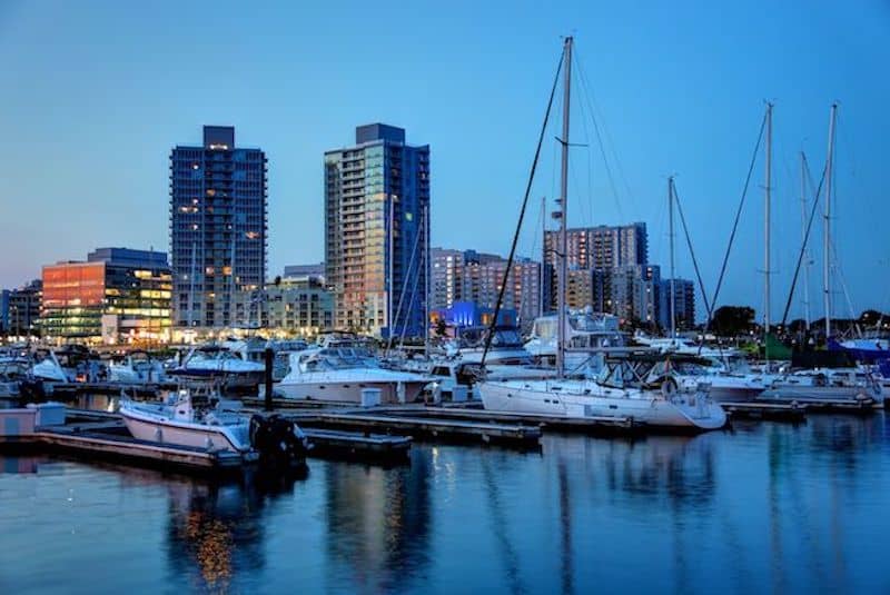 View of Stamford at sunset of port.