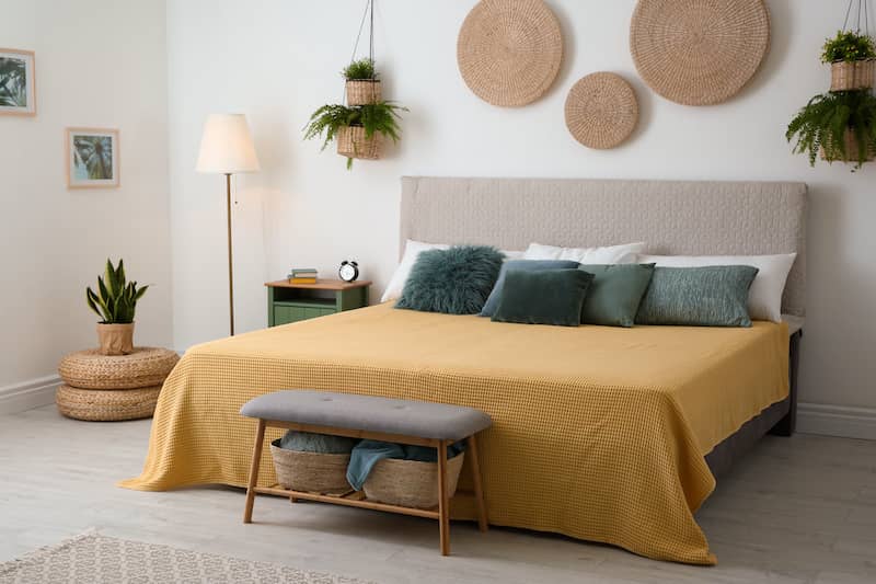 Primary bedroom featuring king bed with burnt yellow bedspread, various small velvet pillows, a small velvet bench at foot of bed, and three circular natural woven pieces above headboard.