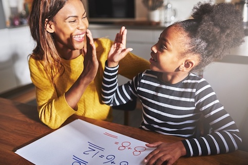 African American mother and daughter doing homework together.