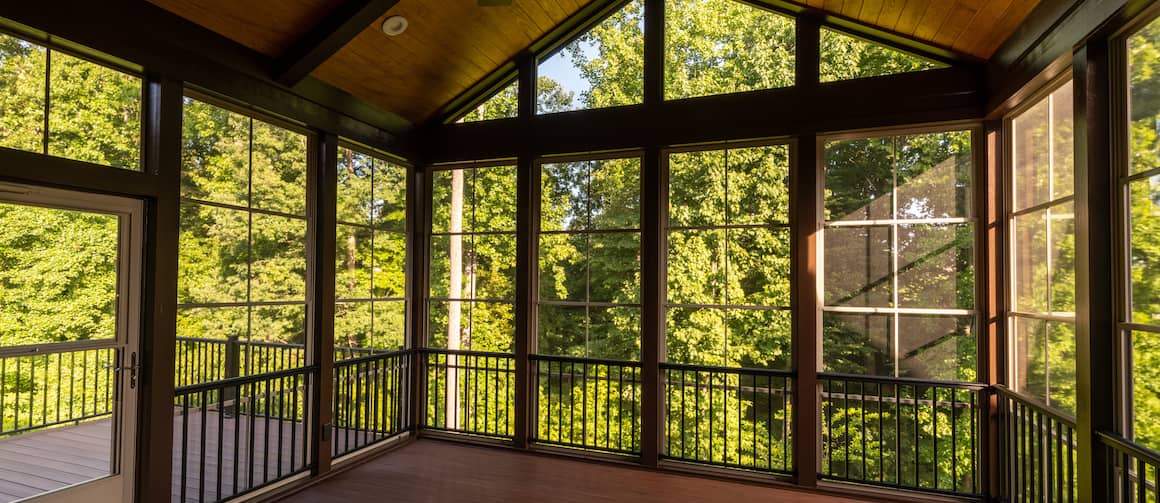 Modern porch with many windows.