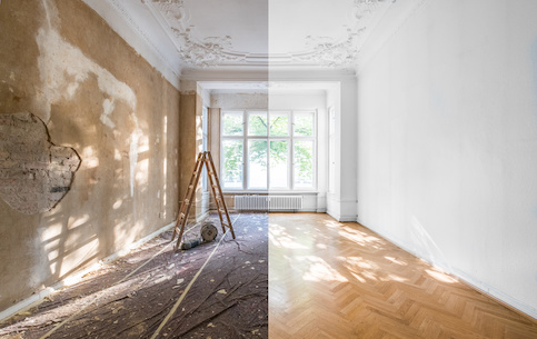 Side by side comparison of pre and post renovated historical apartment with ornately molded ceiling and parquet floors.