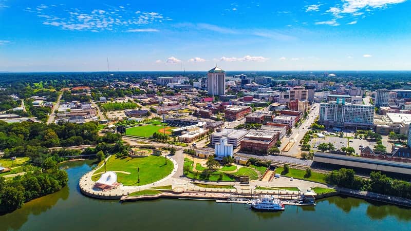 Aerial view of Montgomery along the river.