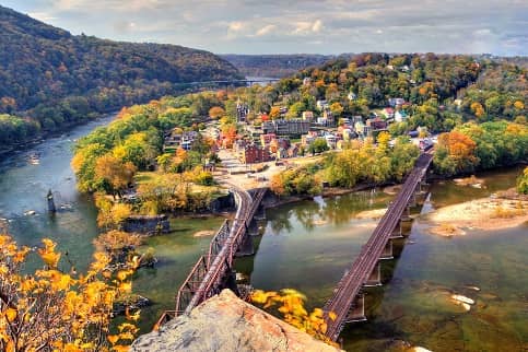 Harpers Ferry in the fall, surrounded by river with two bridges.