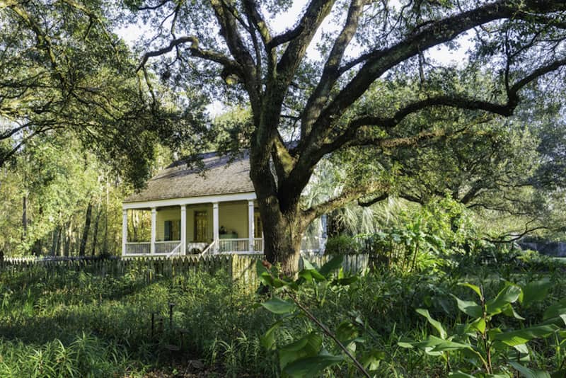 Exterior of Maison Madeleine B&B, authentic 1840 French Creole cottage nestled under trees located on the edge of Lake Martin cypress swamp, Breaux Bridge, Louisiana,.