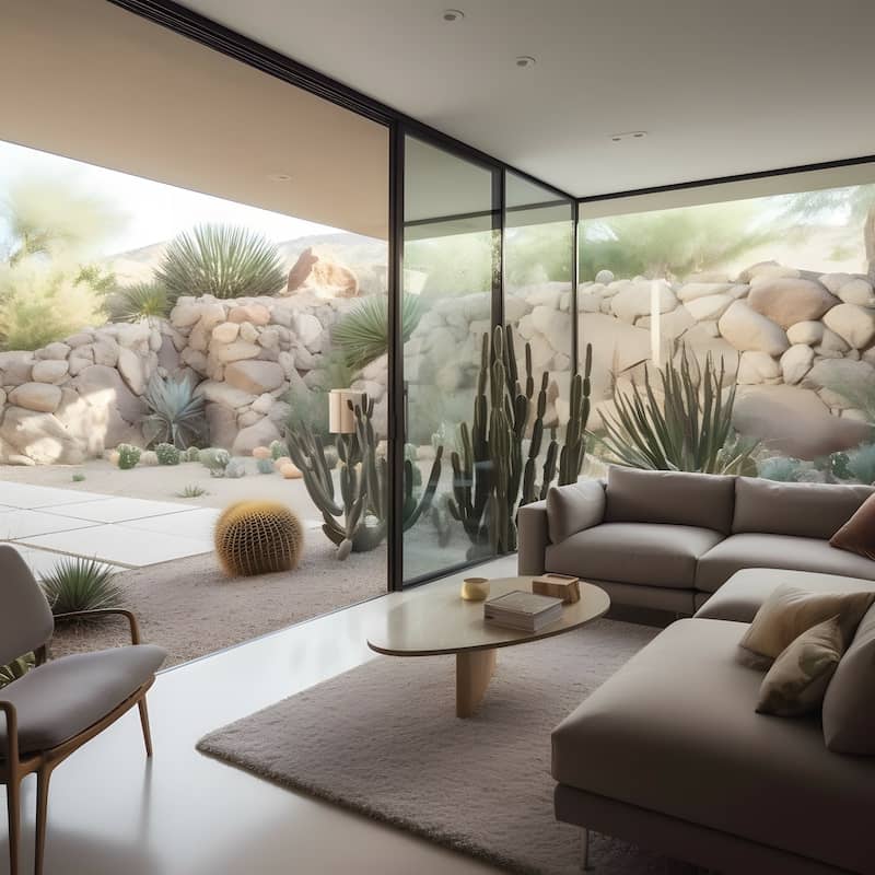 Southwestern Midcentury Modern interior and exterior featuring floor to ceiling windows showcasing desert style landscaping that can be viewed from living room.