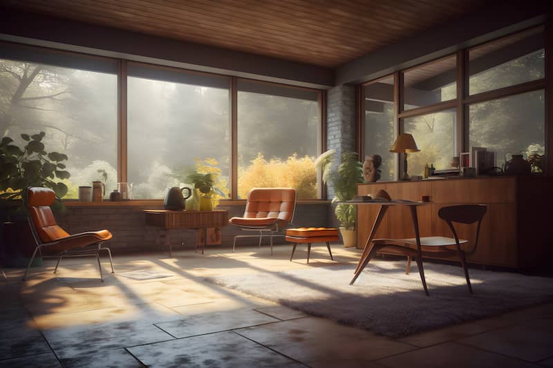 Living room with floor to ceiling windows letting light and natural elements into the room even at dusk with no window dressings.