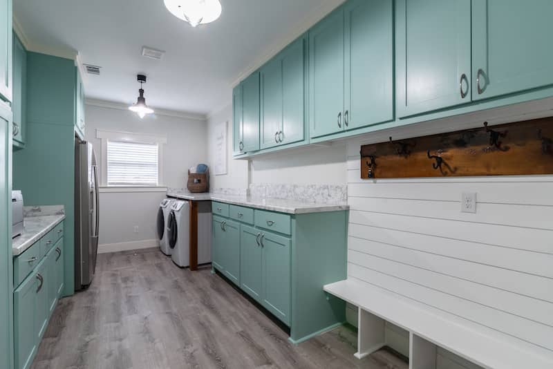 Modern farmhouse laundry room and mudroom with shiplap.