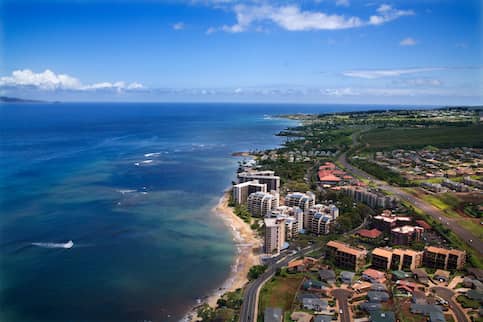 Aerial view of coastline in Maui, Hawaii.