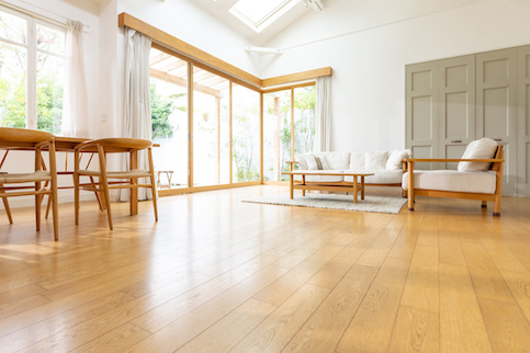 Airy open concept living room with wood floors and minimalist design.