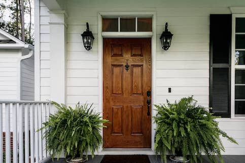 Wood front door flanked by large potted ferns.