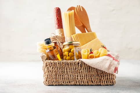 Gift basket with food.