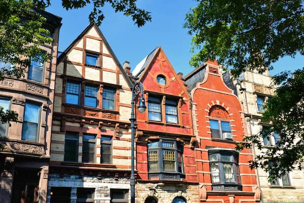Row of historic Brownstone homes in Mount Morris Park Historic District, Harlem, New York City.