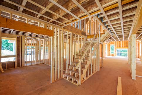 Interior framing of a new home under construction.
