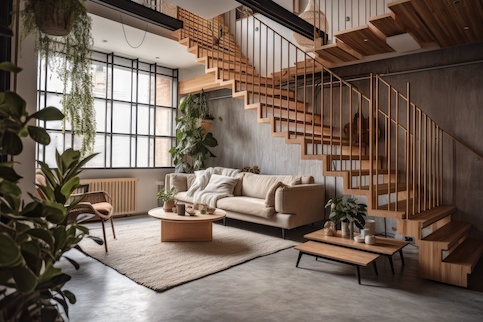 Interior of renovated loft style property with large windows and houseplants.