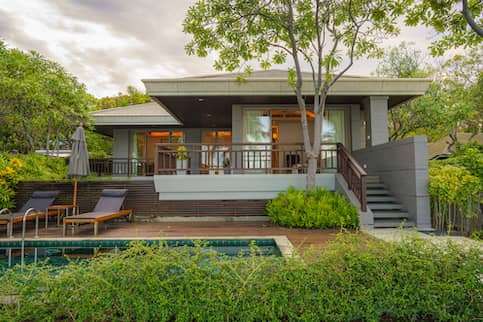 Modern home with pool in wooded lawn.