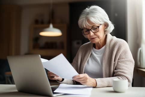 Senior woman wearing glasses and looking at papers in front of her laptop at home.