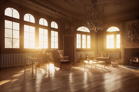 Tudor style living room interior featuring rounded windows with panes and wood paneling.