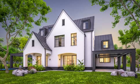 Modern white Tudor style exterior of home,