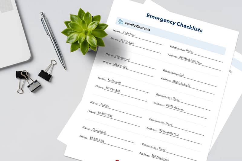 A mockup photo shows a printable emergency checklist with contact information.
