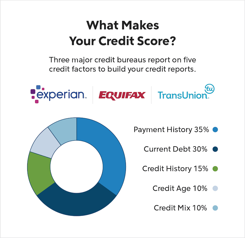 A pie chart breaks down what factors affect your credit score.