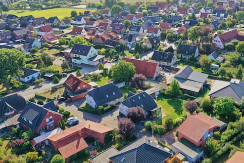 Aerial view of a neighborhood on A sunny day.