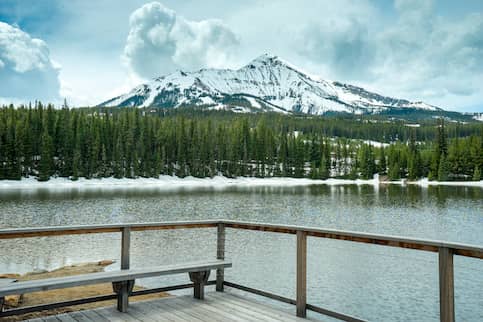 The View of Lone Peak in Big Sky Montana from Moonlight Basin dock