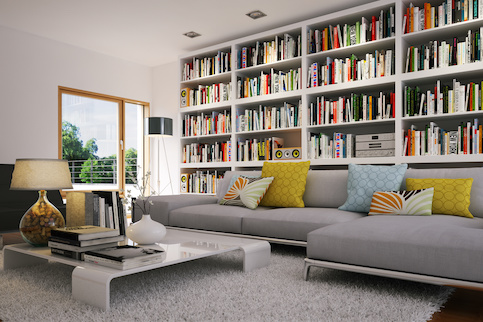 Living room with floor to ceiling bookshelves on one wall.