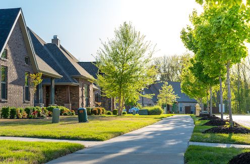 Brick houses in suburban neighborhood.