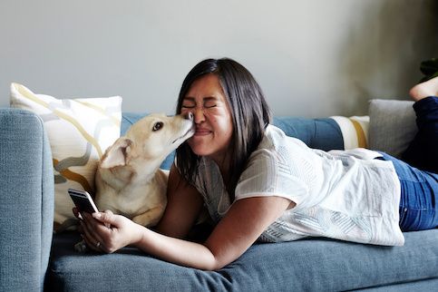 Girl sitting on the couch with her dog, looking at her phone.