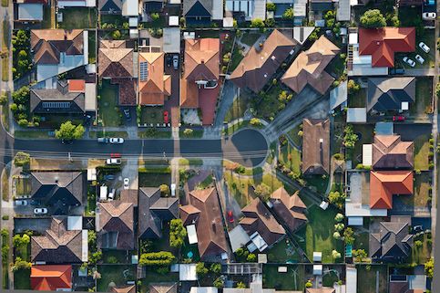 High angle overview of a neighborhood. 