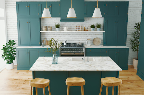 Teal and white, natural kitchen.