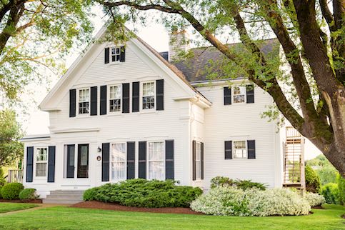 Traditional White House With Black Shutters And Mature Trees 