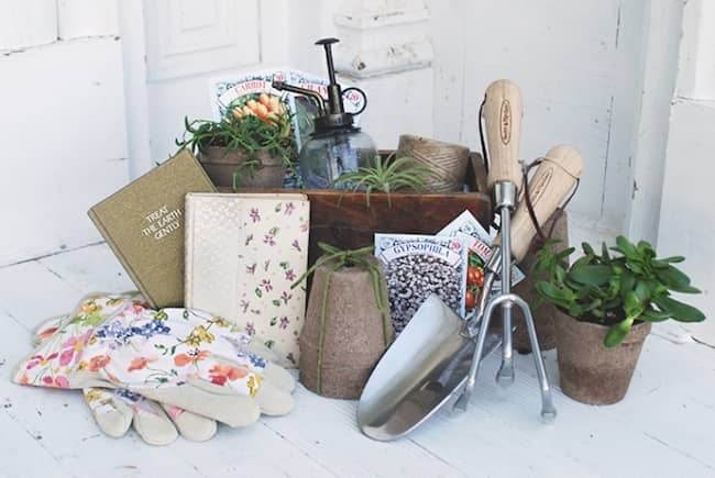 Garden themed gift basket containing trowels, potted plants, and gloves.